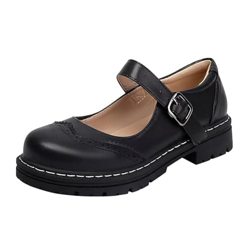 Image of Momolaa UK 4.5 Women's Mary Jane Shoes Platform Lug Sole Low Heel Chunky Pumps Retro Patent Round Toe Buckle Ankle Strap Oxfords Dress Work Comfy Smart Office School Shoes Footwear 001_Matte Black