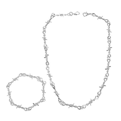 Image of Barbed Wire Necklace Punk Thorns Necklace Barbed Wire Bracelet Set Silver Goth Jewelry Metal Flame Gothic Goth Hiphop Rock Jewelry for Men Women Y2k Daily Versatile Fashion Alt Grunge Accessories