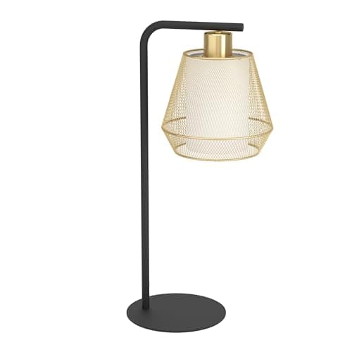 Image of Eglo Ciudadela Table lamp, Stylish Bedside Light Fixture, Brass Metal with White Fabric Shade, Living Room and Bedroom Lighting, E27 Socket