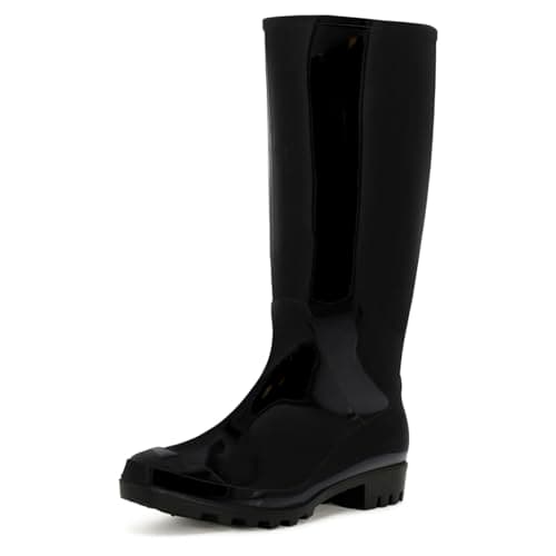 Image of Polar Boot Women’s Waterproof Wellington Boots - Tall Rubber Rain Wellies with Slip-Resistant Sole - Durable Outdoor Festival & Garden Footwear - Black Gloss - UK6/EU39
