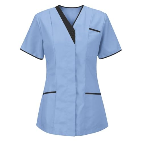 Image of HAOLEI Scrub Tops for Women Uniform Beauty Healthcare Spa Salon Scrub Top Plus Size Short Sleeve Plain V Neck T Shirt UK 2061 Casual Summer Shirts with Pockets Tunics Ladies Work Blouses