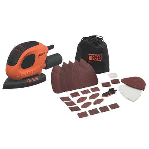 Image of BLACK+DECKER 55W Compact Electric Mouse Sander, with Dust Extraction Port and 15 Accessories, Including Sanding Sheets, Detail Sander Tips, and Soft Bag, BEW230BC-GB