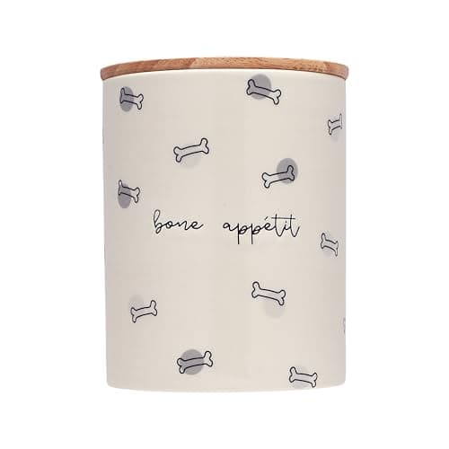 Image of Pearhead Bone Appetite Treat Jar, Ceramic and Wood Pet Treat Canister, Modern Neutral Color Home Kitchen Accessories, Dishwasher Safe, Silicone Seal Lid For Freshness, Dog Biscuit Storage Jar