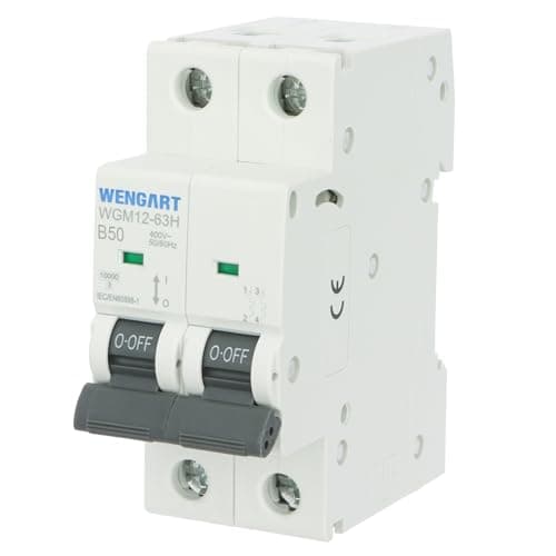 Image of Wengart 50A 2-Pole MCB Circuit Breaker, 10kA High Breaking Capacity, AC 230V B-Curve, 36mm Double Module for Total Isolation, Professional Safety Switch for Electric Showers & Outbuildings (WGM12-63H)