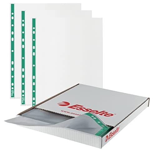 Image of Esselte A4 Punched Pockets, 500 x Poly Pockets, 43 Micron Thickness, Embossed A4 Pockets With Punched Reinforced Green Spine, Ideal For Lever Arch Files & Ring Binders (Pack of 500), 628617
