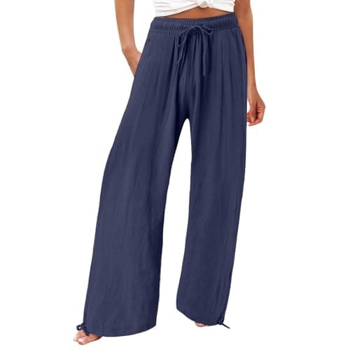 Image of Beige Ladies Linen Trousers White Elasticated High Waist Wide Leg Cotton Linen Trousers Burgundy Red Palazzo Drawstring Womens Lightweight Pants Beach Travel Vacation Outfits with Pockets 6XL 7XL XXL