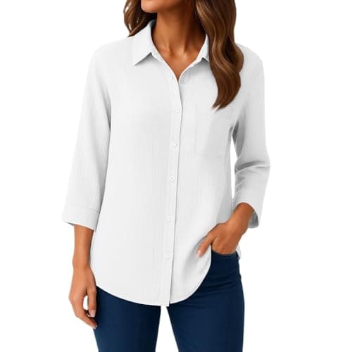 Image of Womens Clothes 3/4 Sleeve T- Shirts Female Cotton Blend Tops, Ladies' Office Blouse Basic Fitted Shirt, Polo Collar Sleeve Top, with Buttons and Pockets 01-White L