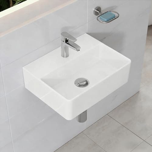 Image of HOROW Small Bathroom Ceramic Wash Basin Sink, White 40x30x12cm|Slim Edge & Storage Ledge Design - Countertop or Wall Mounted Rectangular Basin for Small Space, Bathroom, Cloakroom,WC