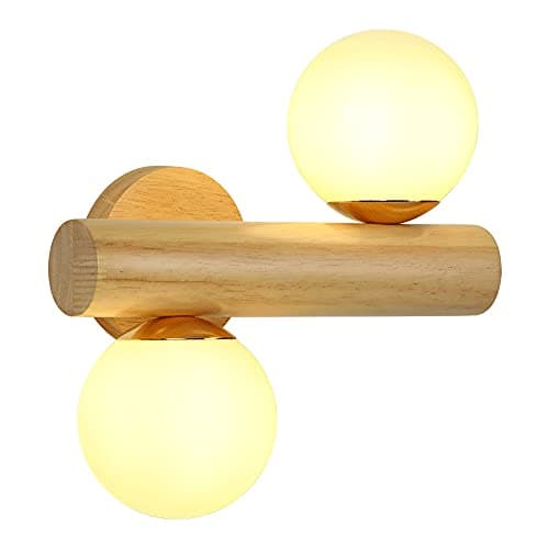 Image of Prettiee White Glass Shade Modern Globe Wall Lamp - Adjustable Wooden Sconce, Energy Class A++, Indoor Lighting for Bedroom & Living Room (Wood Color)