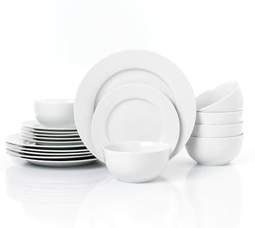 Image of Waterside 18pc White Rim Porcelain Dinner Set; 6 Dinner Plates, Side Plates & Deep Bowls - Dishwasher & Microwave Safe