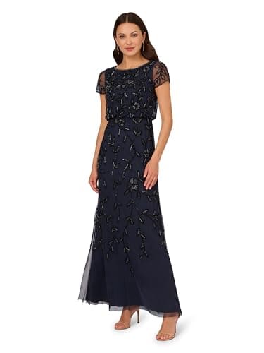 Image of Adrianna Papell Women's Blouson Beaded Long Dress Special Occasion, Navy Black, 12