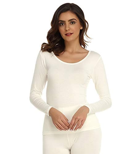 Image of Mcilia Women's Ultrathin Modal Round Neck Long Sleeve Thermal Top/Shirt Off-White Medium (UK Size 12 14)