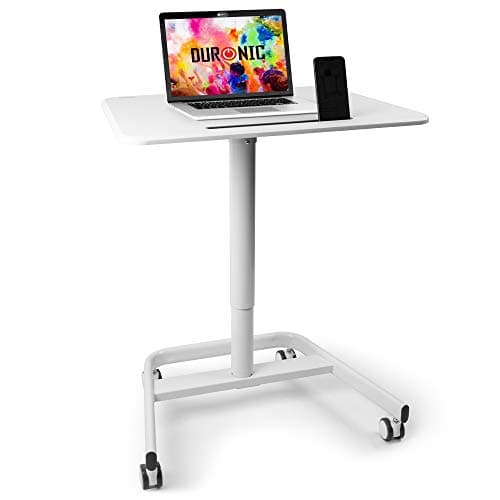Image of Duronic Sit-Stand Desk WPS77 | White Ergonomic Desk with Tablet Holder | Multi-Use Table for Adults & Children | 71x50cm Platform | Portable with Lockable Wheels | Adjustable Height | 15kg Capacity…