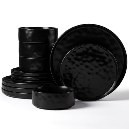 Image of Herogo 12 Piece Dinner Set, Stoneware Dinnerware Sets for 4 People, Reactive Glaze Dining Plates and Bowls, Microwave and Dishwasher Safe, Chip and Scratch Resistant, Matte Black