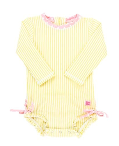 Image of RuffleButts Baby/Toddler Girls Seersucker Long Sleeve One Piece Rash Guard Swimsuit with UPF 50+ Sun Protection - Banana Seersucker, 1-2 Years