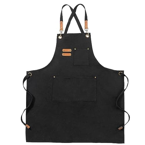 Image of FunChaos Black Canvas Aprons, Work Aprons for Men Women, Chef Aprons with Adjustable Strap and 3 Pockets, Apron for Servers Kitchen Cooking Baking Artist Painting, Cross Back