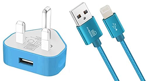 Image of AMO USB Charger Plug UK, USB Plug Adapter Data Cable 2 Metre Compatible For iOSiPhones 5 5S 5C SE 7 8 X XS XR 11 12 13 14 iOSiPad iOSiPod Air Pods (Blue 1Amp)