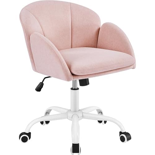 Image of Yaheetech Fabric Vanity Desk Chair Modern Swivel Rolling Computer Chair with Armrests for Living Room, Bedroom, Makeup Room, Light Pink