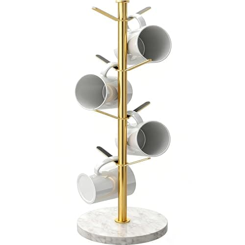 Image of Gypie Marble Mug Tree Stand, 8 Hooks Coffee Cup Holder Storage Rack, Weighted Marble Base Stable Mug Holders for Kitchen Counter Cabinet Cafe (Golden)