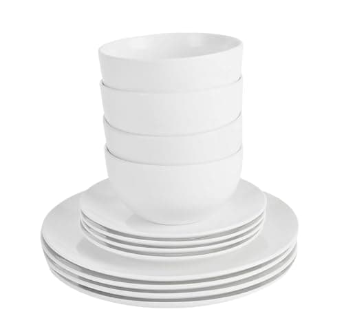 Image of 12PC Dinnerware Porcelain White Set: 4 Dinner Plates, 4 Side Plates & 4 Bowls. Dishwasher & Microwave Safe.