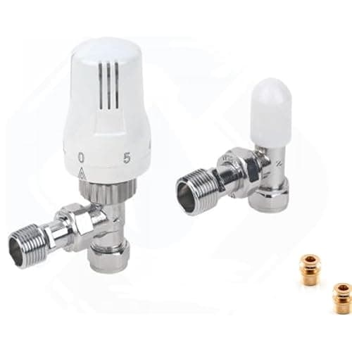 Image of TRV Thermostatic Radiator Valve and Lockshield | 1/2inch X 15mm Radiator Valve Thermostatic | Angled Radiator Thermostat Valve Twinpack with 10mm Reducers- White