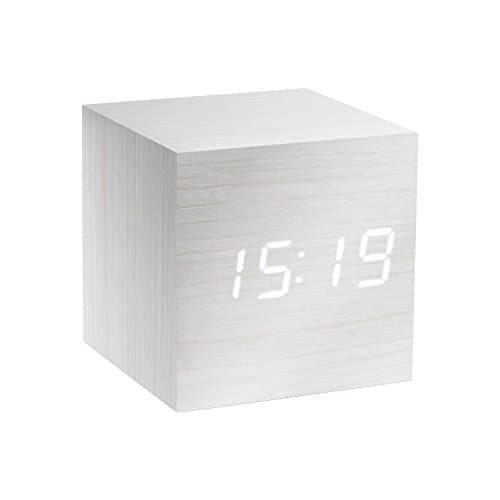 Image of Gingko Cube LED Click Clock Alarm Clock With Sound Activation (Time, Date & Temperature), White/White LED