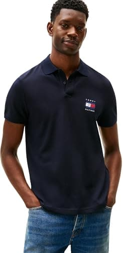 Image of Tommy Hilfiger Men’s Short Sleeve Flag Graphic Pique Regular Fit Polo Shirt, Blue (Desert Sky), XXL