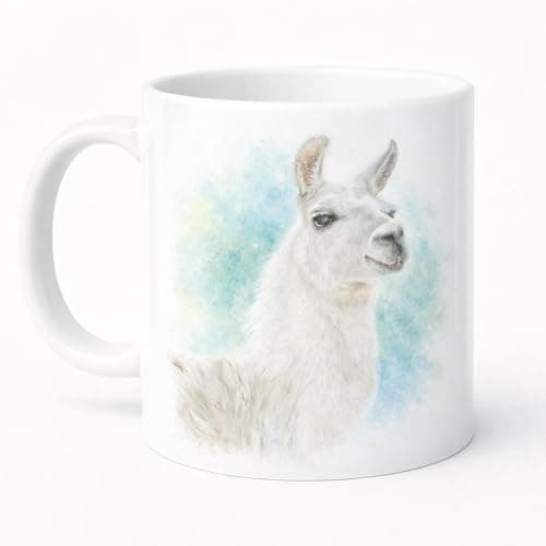 Image of Brew Crew Gifts Llama Watercolour Mug, White Ceramic, 11 oz, Dishwasher Safe, Microwave Safe Wildlife Art by Emma Caitlin