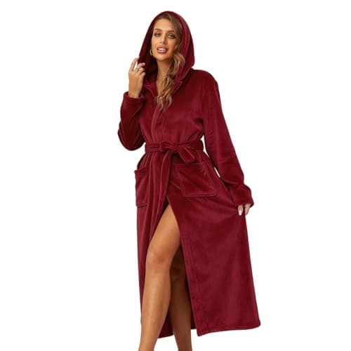 Image of RONGTAI Womens Long Robes Plush Fleece Nightgown Thick Hooded Bathrobe with Pockets Fluffy Sleepwear for Men （Medium, Burgundy）
