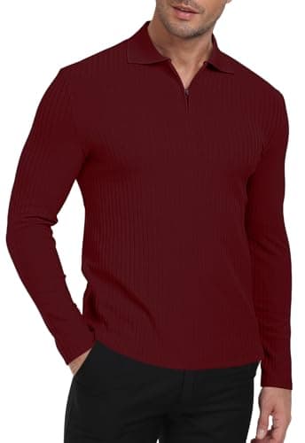Image of AIYINO Slim Muscle Fit Long Sleeve Tops Zip Red Polo Shirt Mens Knit Ribbed Shirts for Men Adult Solid Winter Casual Sweatshirt Red XL