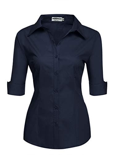 Image of HOTOUCH Womens Blouses 3/4 Sleeve Cotton Shirt Ladies Office Shirts Basic Fitted Blouse V-Neck Short Sleeve Top Navy Blue M