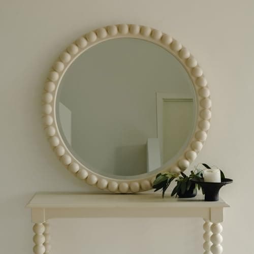 Image of Statement Furniture Cromwell Round Wall Mirror, 77 cm | Wooden Frame with Bobbin Design | Large Green or Cream Mirror (Linen)