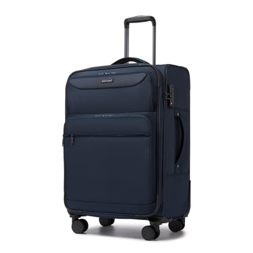 Image of British Traveller Expandable 24" Medium Suitcase Lightweight Softside Hold Check in Luggage with 4 Wheels, Navy