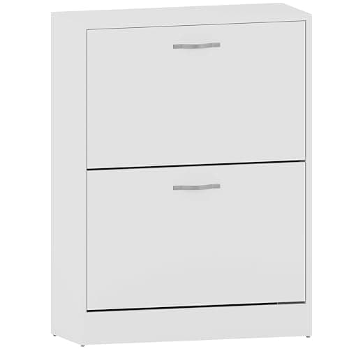 Image of Vida Designs Shoe Cabinet, Wooden Shoe Storage Unit with 2 Pull-Down Drawers, Multifunctional Dust-Proof Space-Saving Slim Cupboard for Hallway or Entryway (White)