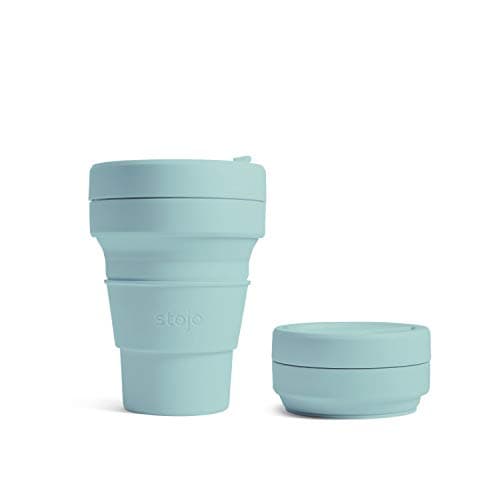 Image of STOJO On-The-Go Collapsible Coffee Cup - 12oz / 355ml - Reusable & Foldable Silicone Travel Mug with Lid - Portable, Pocket Size - Dishwasher Safe - Aquamarine