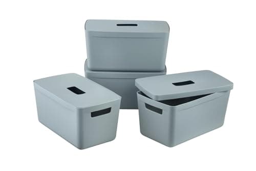Image of INABOX Plastic Storage Boxes with Lids, Set of 4, Stackable, Nesting, Cottage Blue (8 Litre)