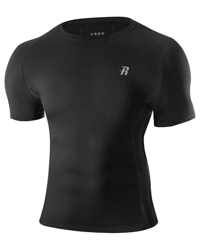 Image of Runhit Men's Compression Shirt, Short Sleeve Cool Dry Running Tops Tight Gym Base Layer Undershirt for Sports Workout Cycling Football Black L