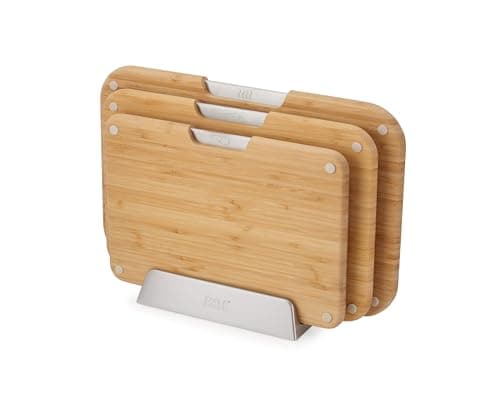 Image of Joseph Joseph Nest™ Boards 3-Piece Bamboo Wood Chopping Board Set, Double-Sided, Non-Slip Feet, Stainless-Steel Tabs, Food Icons, Metal Stand