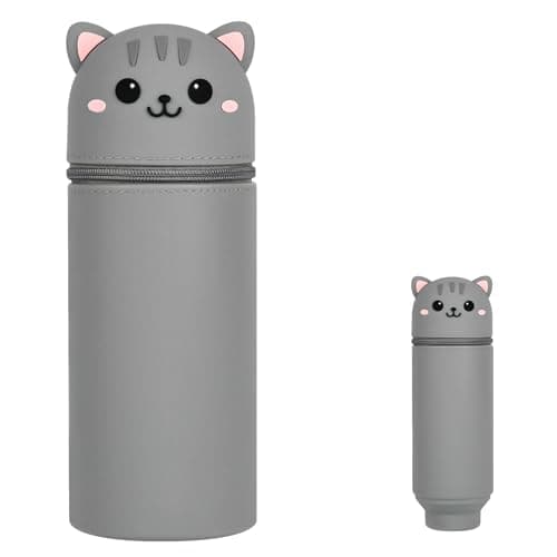 Image of AUYAO Telescopic Pencil Case 2-in-1 Soft Silicone Case Retractable Silicone Pencil Case Small Stationery Case Standing Pen Holder Pop Up Pencil Box for School Students Teens Girls Boys(Cat Style)