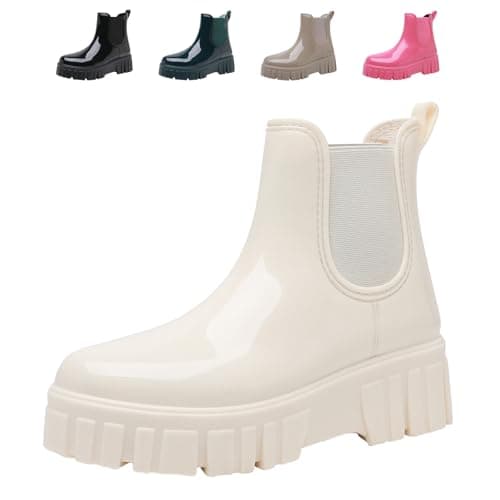 Image of DRECAGE Wellies Women Waterproof Stylish Wellington Boots Short Chelsea Ladies Chunky Sole Rain Boots Outdoors Walking White 5 UK