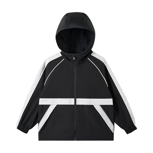 Image of Rolanko Girls Waterproof Jacket with Hooded, Kids Boys Lightweight Windbreaker Raincoat Zip Outdoors Jackets, Black, Size: 14-15 Years, 170