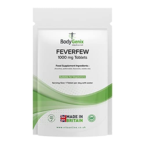 Image of Bodygenix Feverfew 1000mg Tablets - Migraine Headaches Relief Joints Health Anti Inflammatory Natural Supplement - 30 Tablets 1 Month Supply