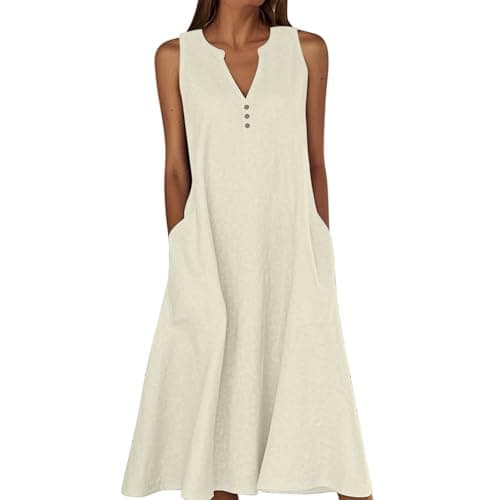Image of Summer Dresses for Women Cotton Linen V Neck Button Sleeveless Dress Casual Solid Maxi Loose Fit Beach Sundress with Pockets Womens Summer Dresses UK Cotton White 3XL