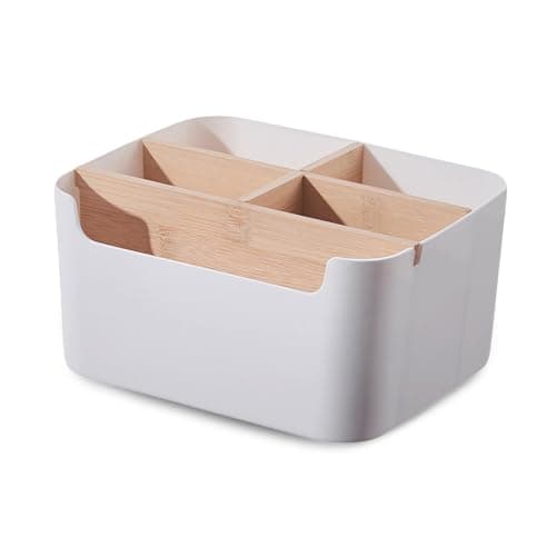 Image of EAZHOP 5 Compartment Desk Organiser Wooden Desktop Storage Box with Removable Dividers, Multifunctional Square Office Organizer for Remote Controls, Pens, Makeup, Stationery (White)