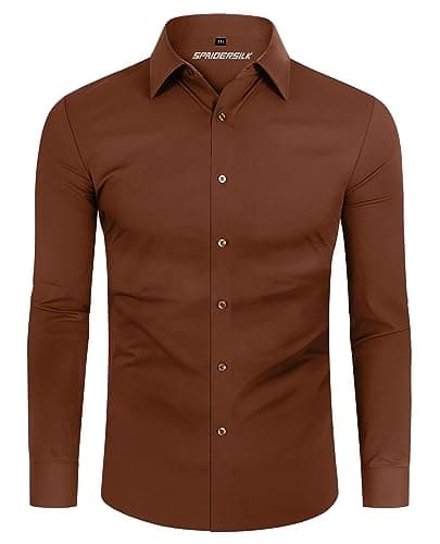 Image of DEMEANOR 4-Way Stretch Mens Shirts Long Sleeve Muscle Fit Formal Dress Shirts for Men Non Iron Casual Shirts Business Wedding Work Brown