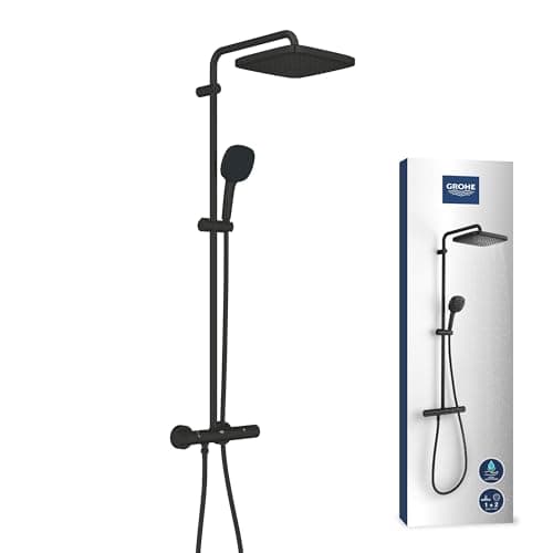 Image of GROHE Vitalio Comfort 250 – Exposed Thermostatic Shower System with Aquadimmer Function (Square 25 cm Head Shower 1 Spray, 11 cm Hand Shower 2 Sprays, Hose 1.75 m, Water Saving), Matt Black, 266962431