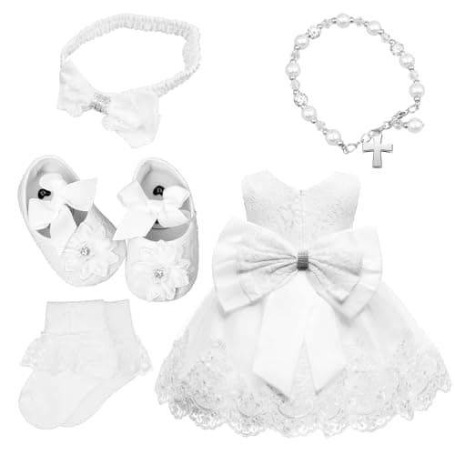 Image of YFNVH 5 Pcs Baby Girl Christening Dress White Lace Dress Gown Set for Toddler 6-12 Months Christmas Wedding Party Baptism Outfit with Bowknot Headwear Cross Charm Bracelet Socks Shoes