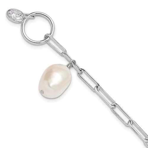 Image of JewelryWeb 925 Sterling Silver Rhodium Plated Paperclip Cubic Zirconia Fwc Pearl Toggle Bracelet 19 Centimeters 10.5mm Wide Link Bracelet for Women
