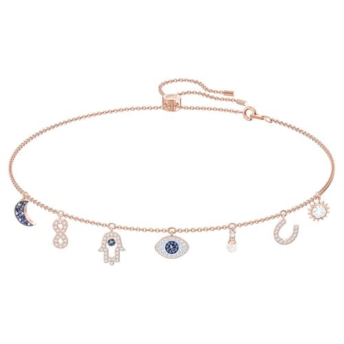 Image of Swarovski Symbolic necklace, Moon, infinity, hand, evil eye and horseshoe, Blue, Rose-gold tone plated