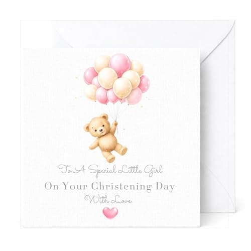 Image of Christening Card for Girl Teddy Bear Pink Balloons Baptism or Naming Day Baby Girl Card Handmade